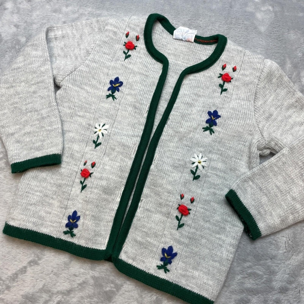 Vintage Pfister Austria Knit Cardigan Sweater Size 4-6 Gray Embroidered‎ Floral